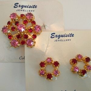 Vintage Rhinestone Brooch and Earring Set Red Pink